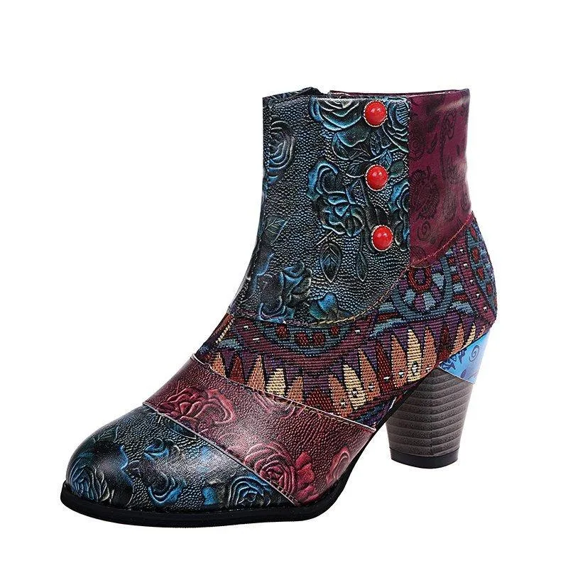 Women retro flowers printed side zipper chunky high heeled booties