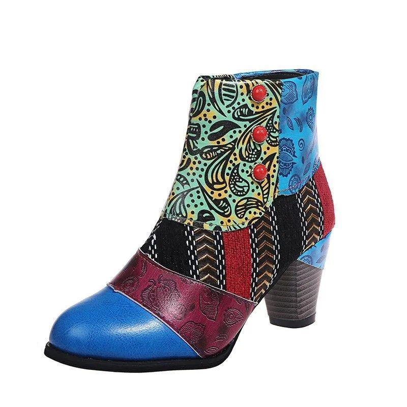 Women retro flowers printed side zipper chunky high heeled booties