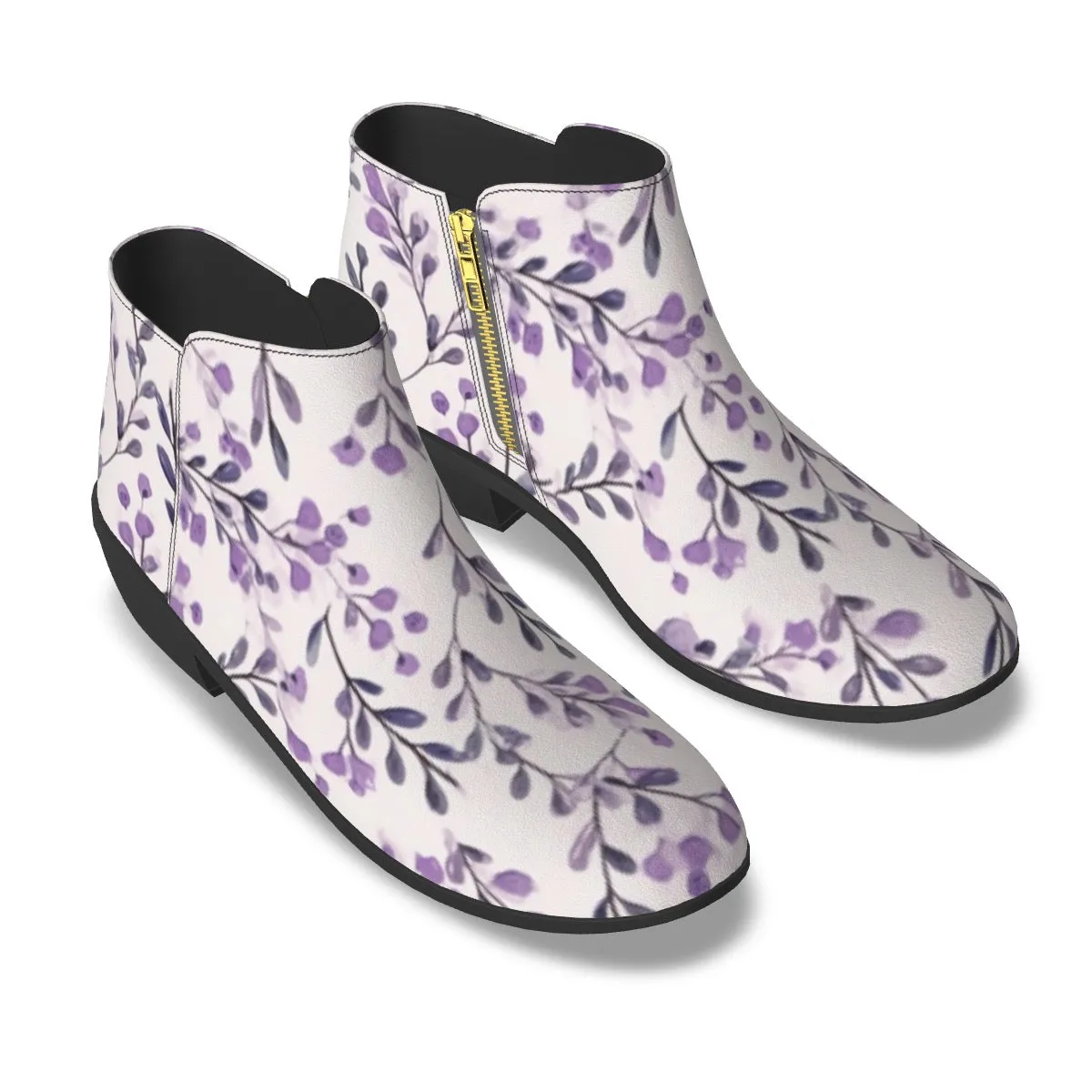 Women's Fashion Boots micro suede white with a purple flower print