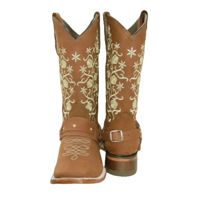 Women’s Floral Embroidered Harness Square Toe Cowgirl Boot