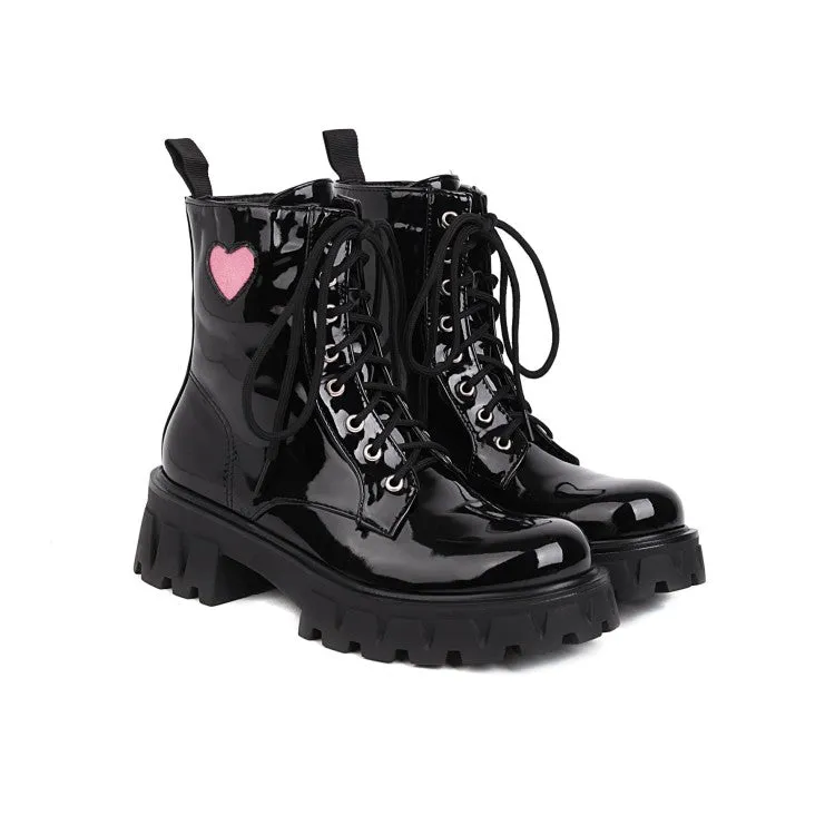 Women's Glossy Round Toe Lace Up Love Hearts Block Chunky Heel Platform Short Boots