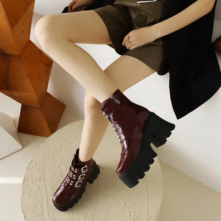 Women's Glossy Square Toe Rivets Buckle Straps Block Chunky Heel Platform Short Boots