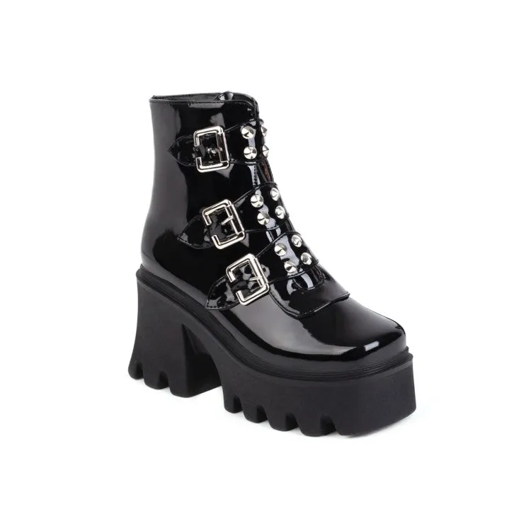 Women's Glossy Square Toe Rivets Buckle Straps Block Chunky Heel Platform Short Boots