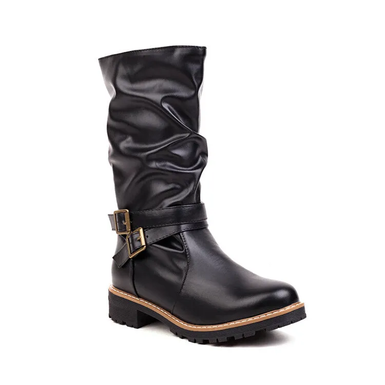 Women's Round Toe Buckle Straps Mid Calf Boots